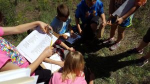 Students at Lolo Elementary gathering around wildlife habitat at their school